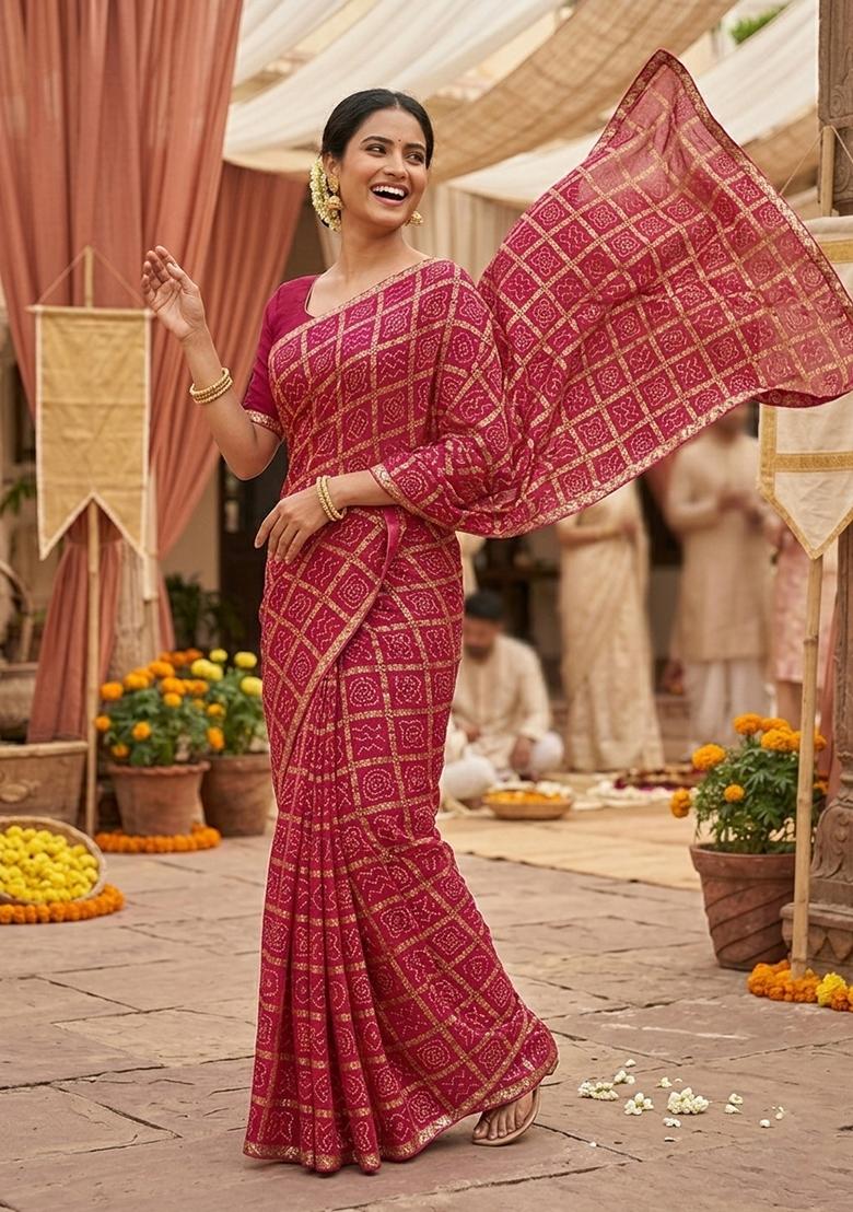 Multicolor Foil Work Silk Saree Set - Indya