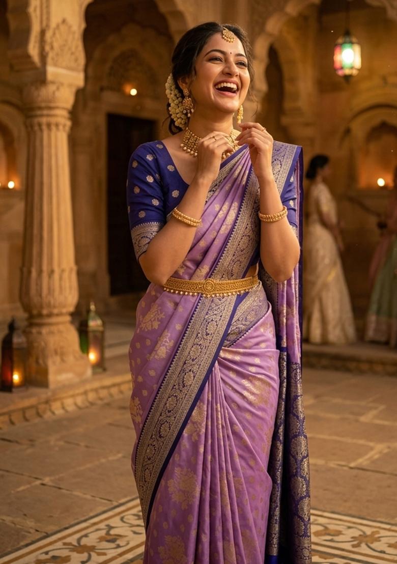 Lavender Tapela Dying Silk Saree Set - Indya
