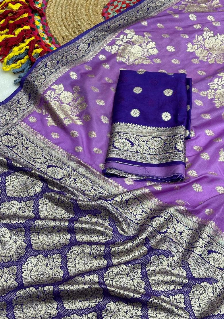Lavender Tapela Dying Silk Saree Set - Indya