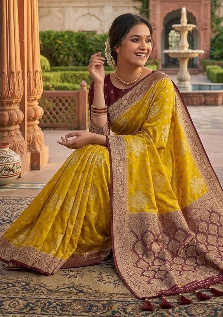 Yellow Tapela Dying Silk Saree Set - Indya