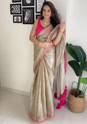 Chiku Embroidered Moss Chiffon Saree Set