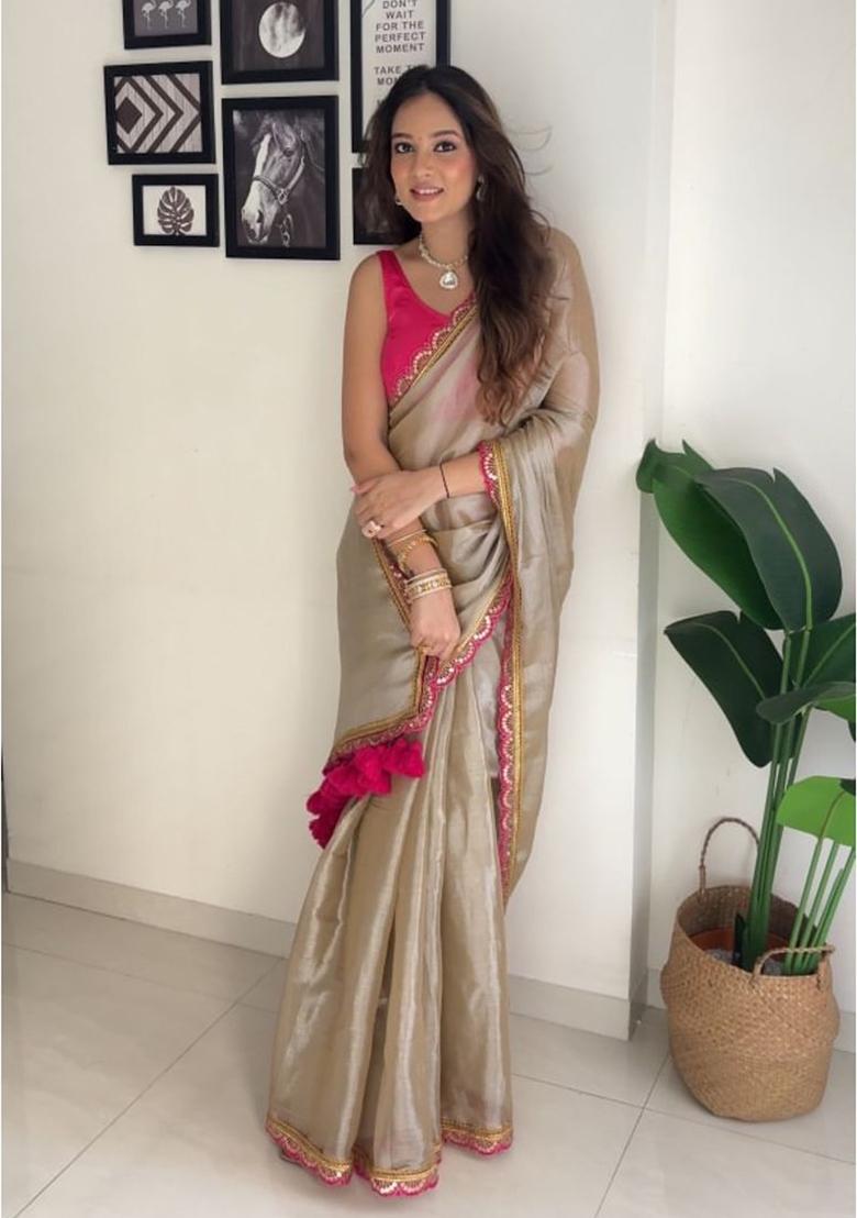 Chiku Embroidered Moss Chiffon Saree Set - Indya