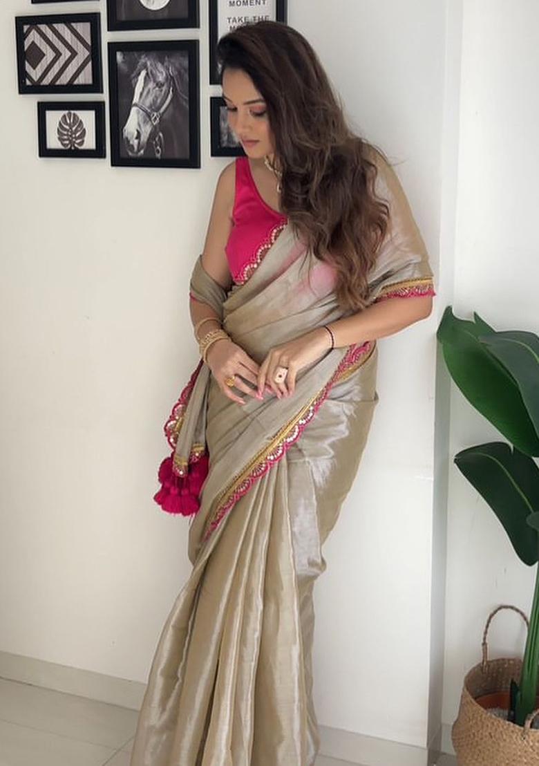 Chiku Embroidered Moss Chiffon Saree Set - Indya