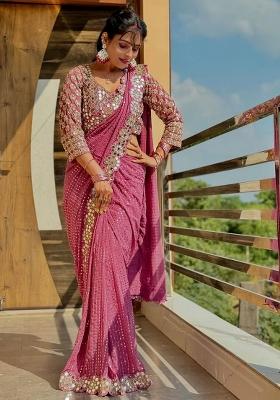 Onion Embroidered Georgette Saree Set