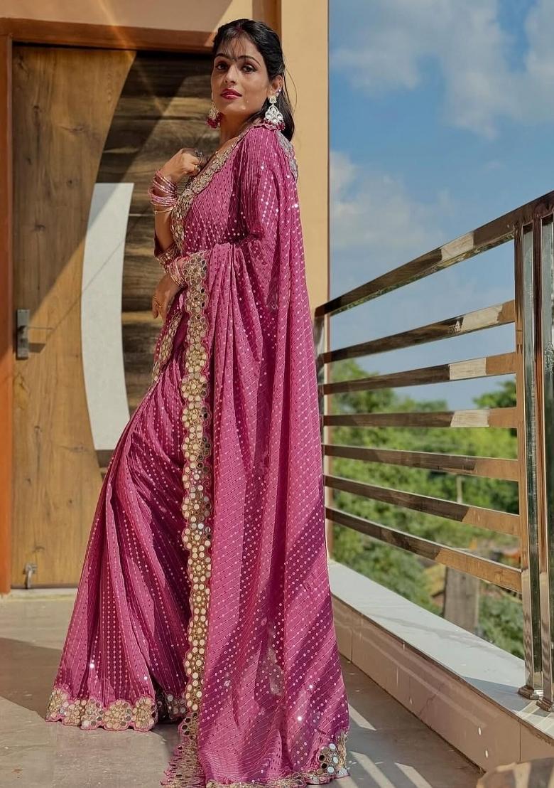 Onion Embroidered Georgette Saree Set - Indya