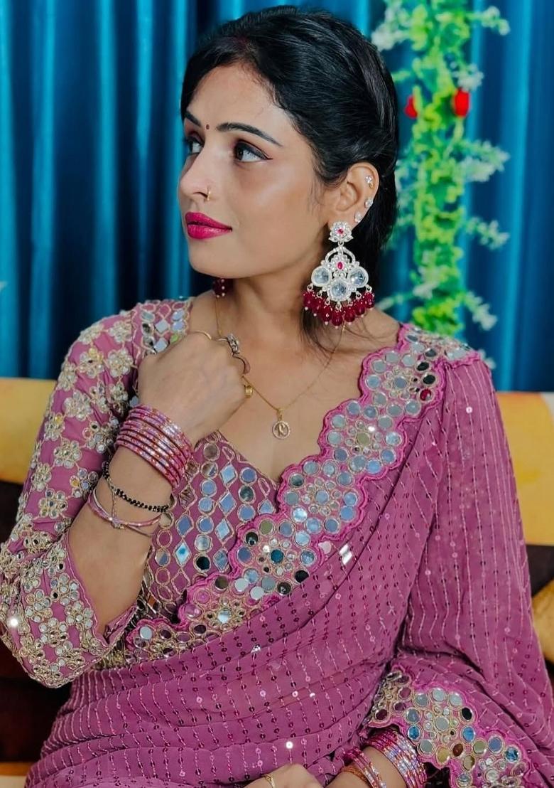 Onion Embroidered Georgette Saree Set - Indya