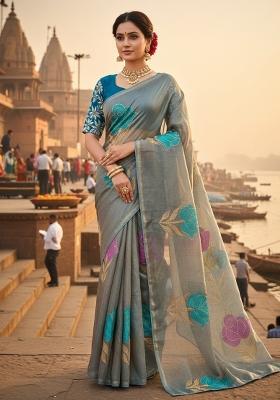 Sky Blue Foil Work Net Saree Set