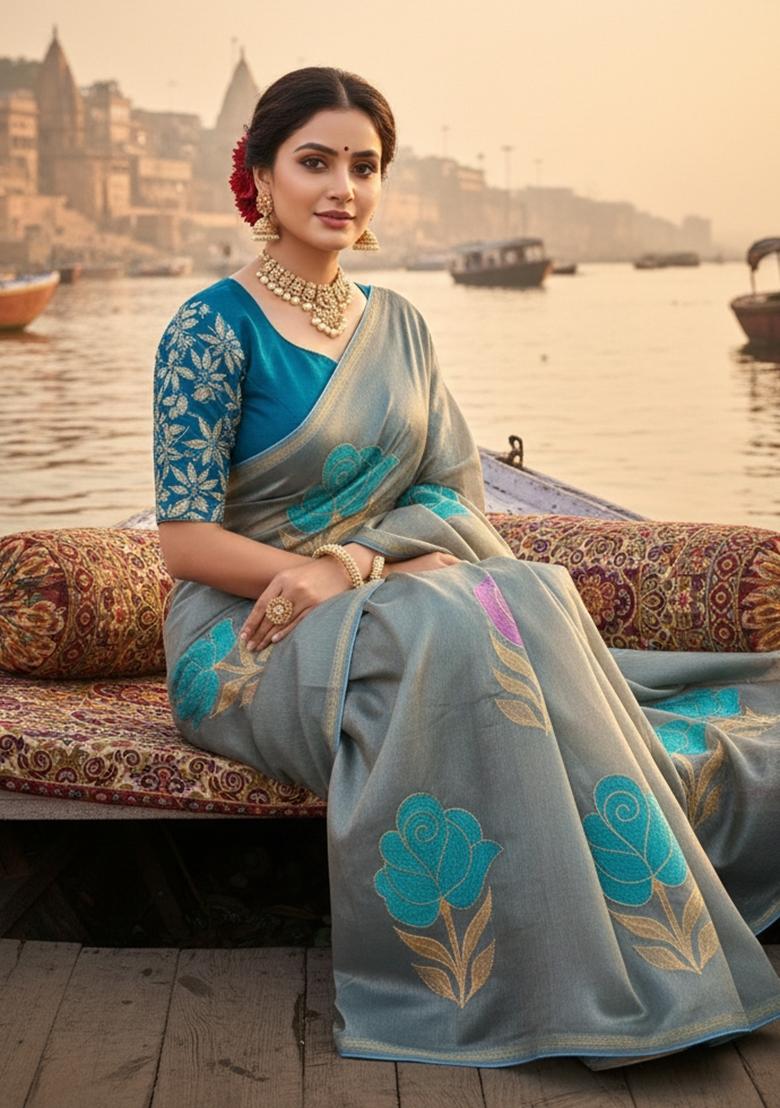 Sky Blue Foil Work Net Saree Set - Indya