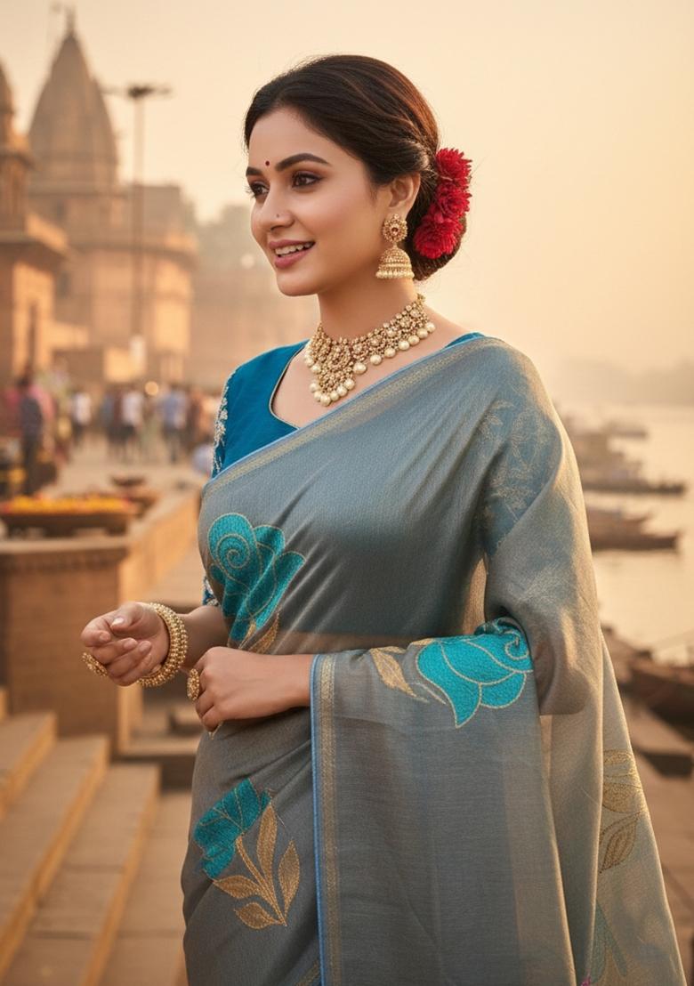 Sky Blue Foil Work Net Saree Set - Indya