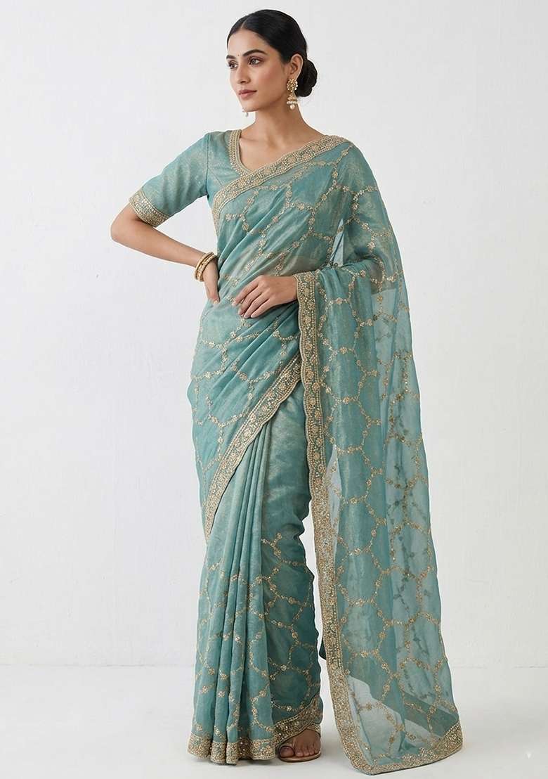 Firozi Embroidered Nc Moss Saree Set for Diwali and Festive Wear - Indya