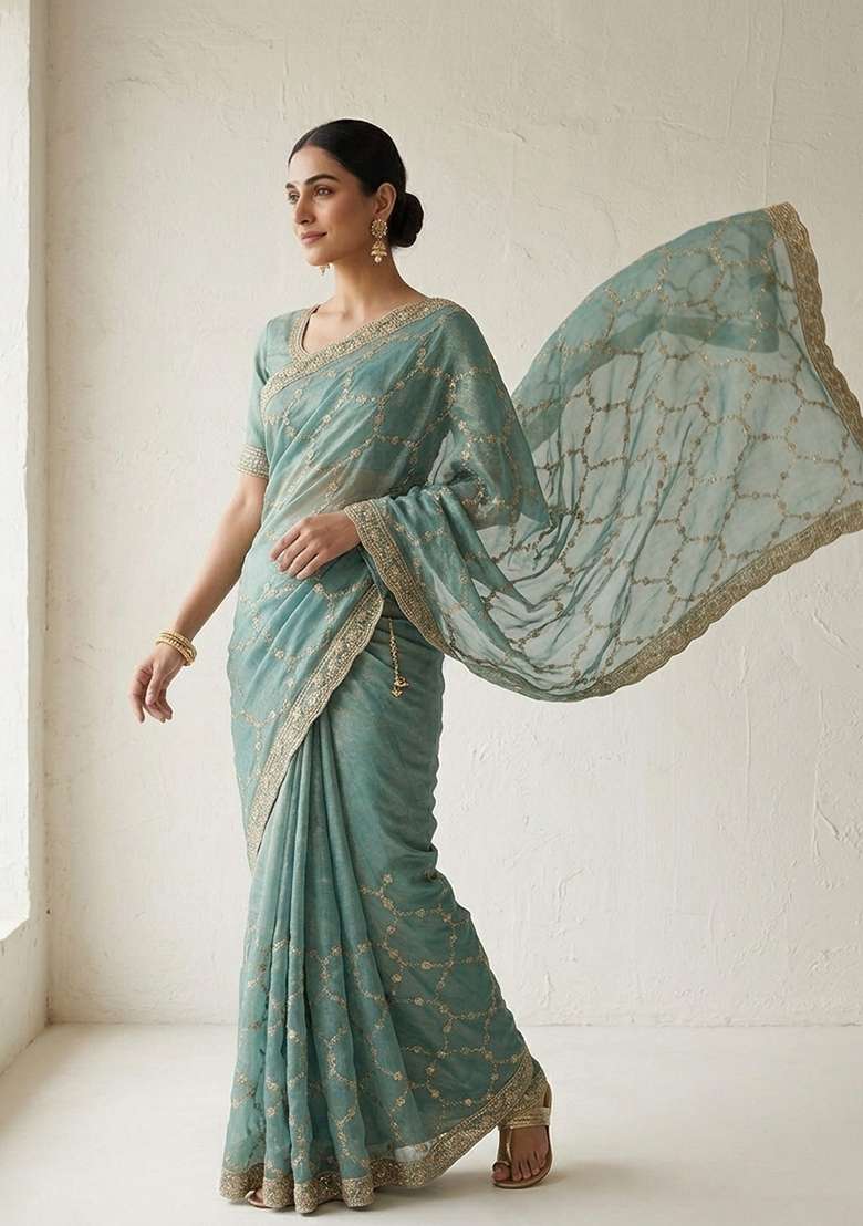 Firozi Embroidered Nc Moss Saree Set for Diwali and Festive Wear - Indya