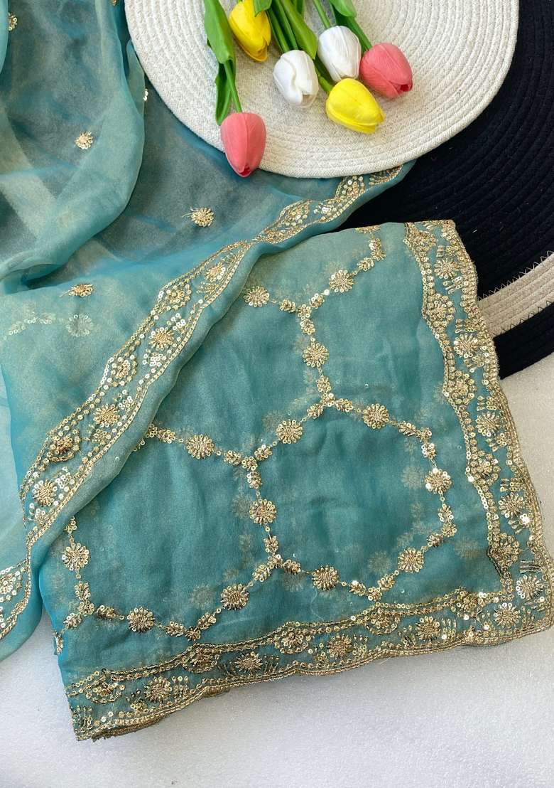 Firozi Embroidered Nc Moss Saree Set for Diwali and Festive Wear - Indya