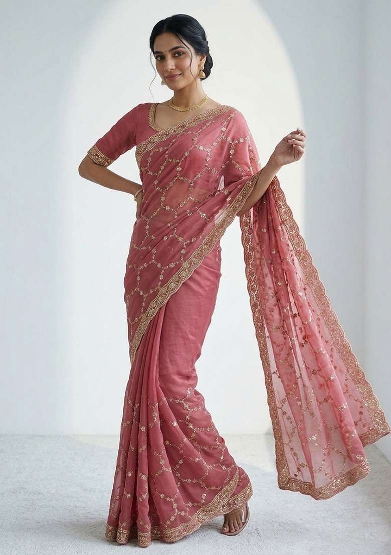 Gajari Nc Moss Saree Set with Embroidered for Diwali | Wedding & Festive Wear - Indya