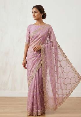 Lavender Embroidered Nc Moss Saree Set for Diwali and Festive Wear