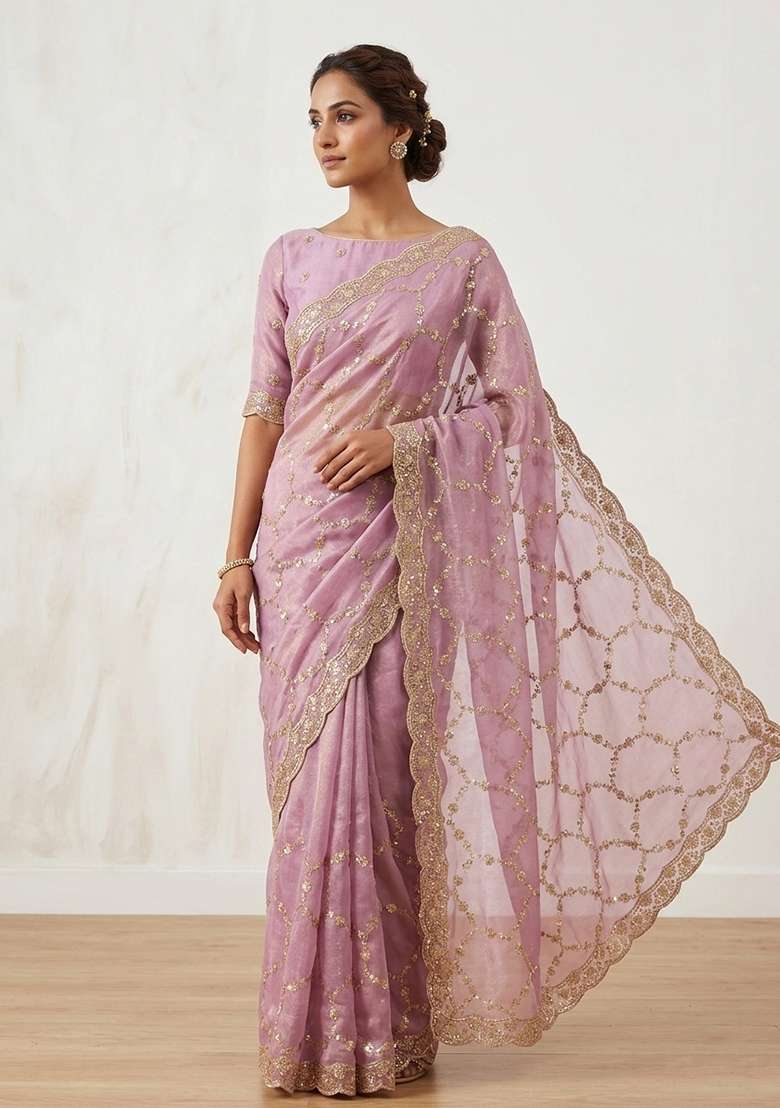 Lavender Embroidered Nc Moss Saree Set for Diwali and Festive Wear - Indya