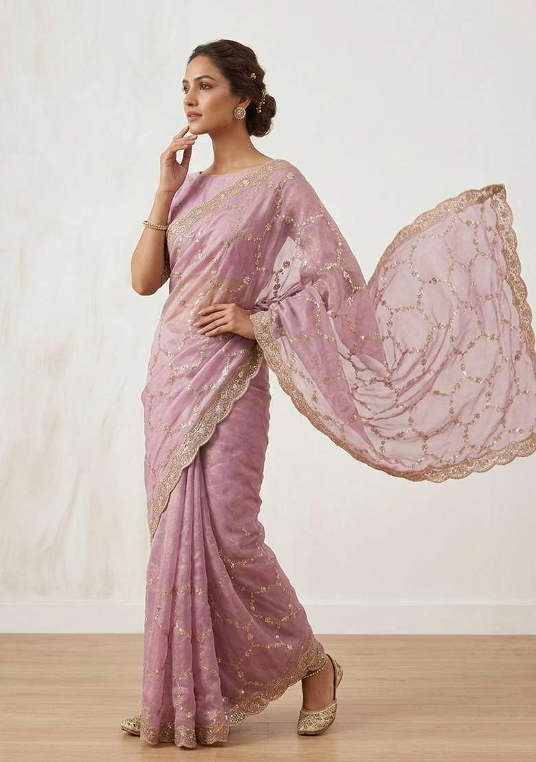 Lavender Embroidered Nc Moss Saree Set for Diwali and Festive Wear - Indya