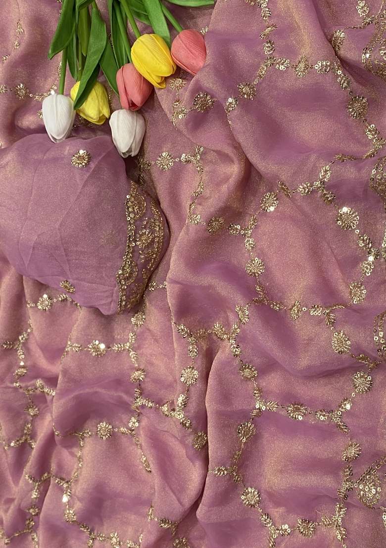 Lavender Embroidered Nc Moss Saree Set for Diwali and Festive Wear - Indya