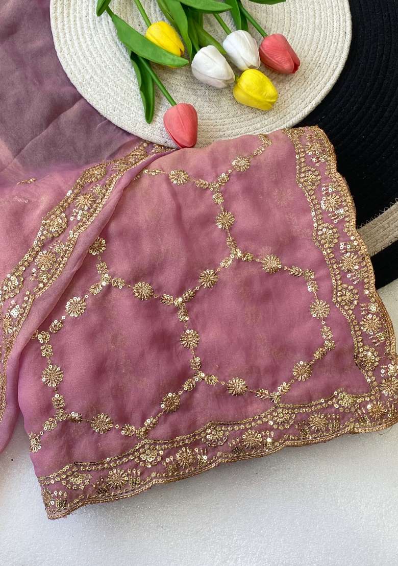Lavender Embroidered Nc Moss Saree Set for Diwali and Festive Wear - Indya