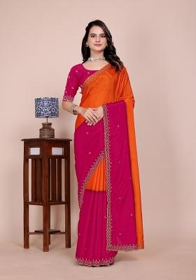 Orange Pink Embroidered Chinon Saree Set