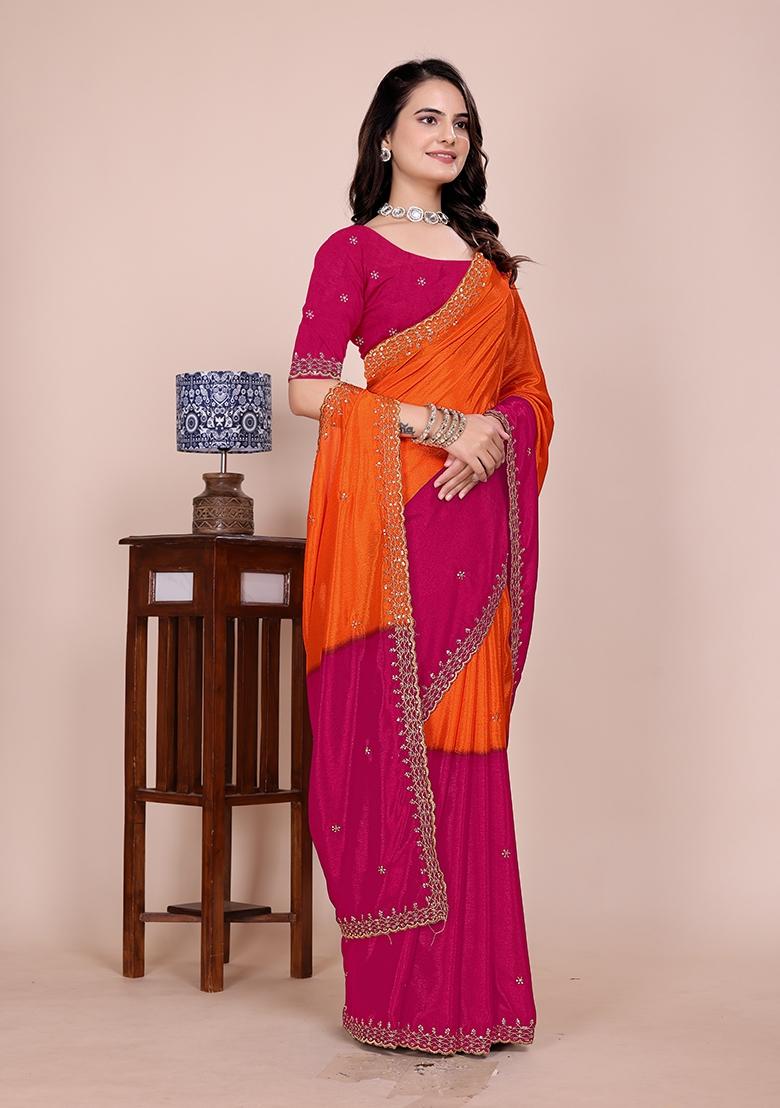 Orange Pink Embroidered Chinon Saree Set - Indya