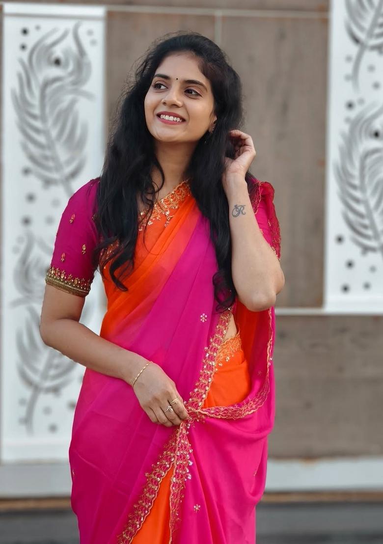 Orange Pink Embroidered Chinon Saree Set - Indya