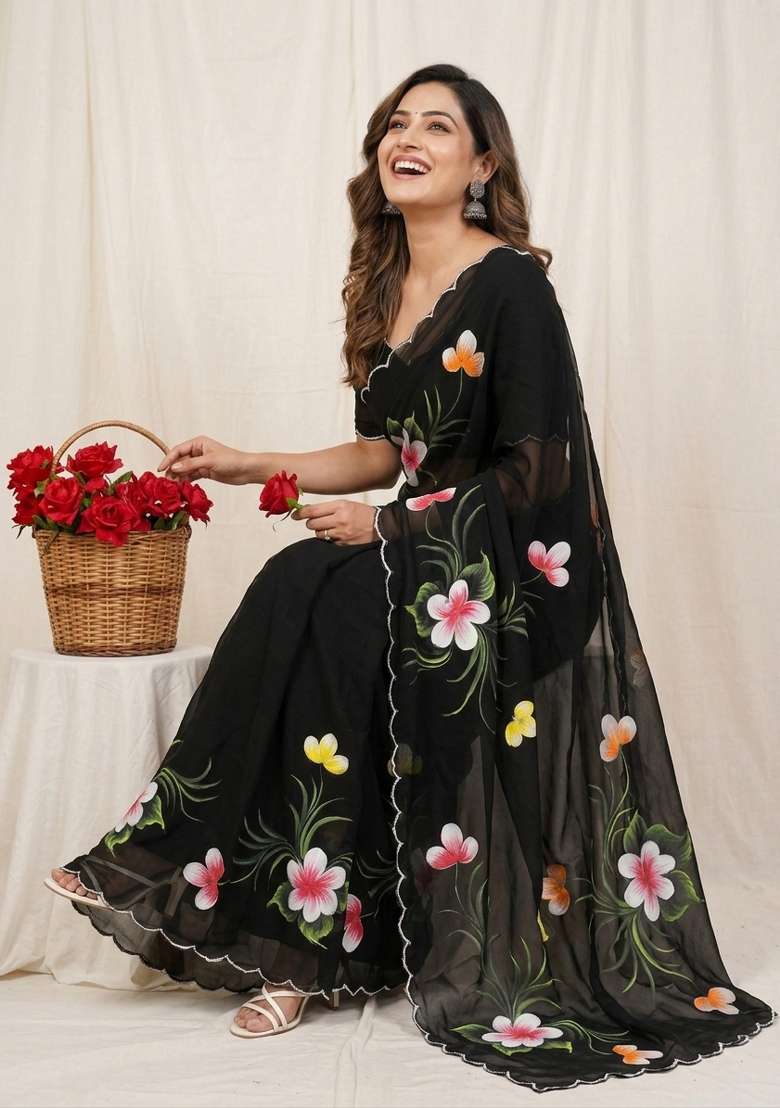 Black Brush Paint Georgette Saree Set - Indya