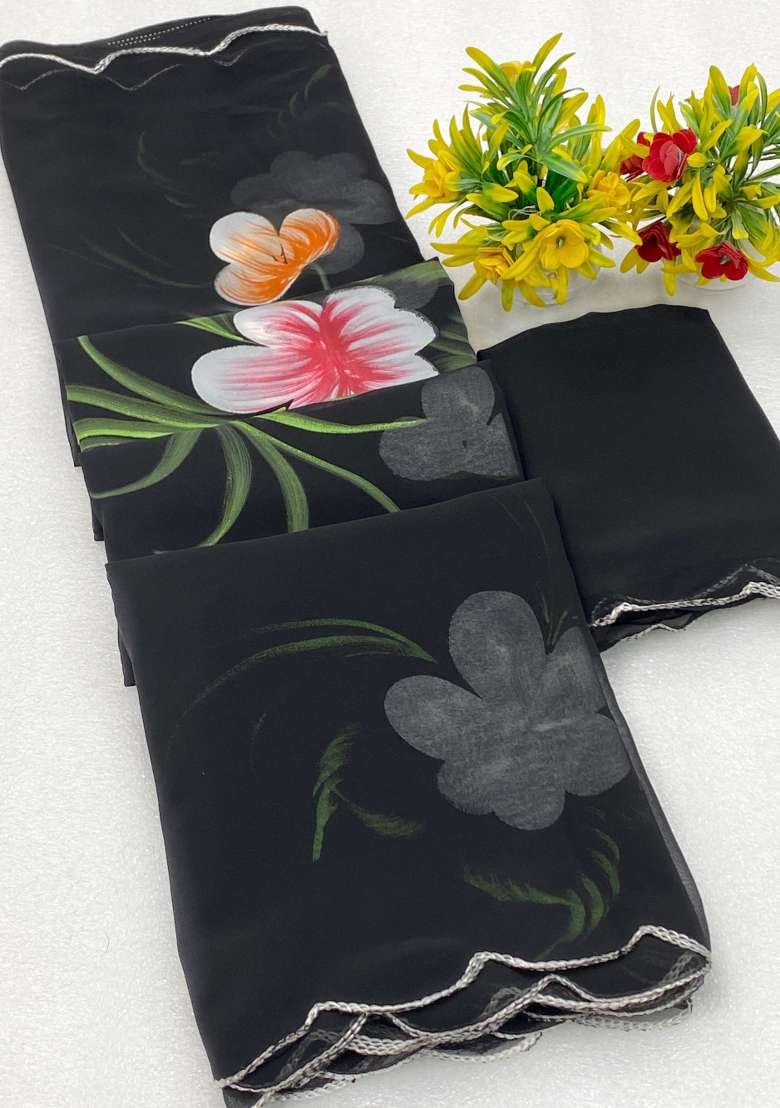 Black Brush Paint Georgette Saree Set - Indya