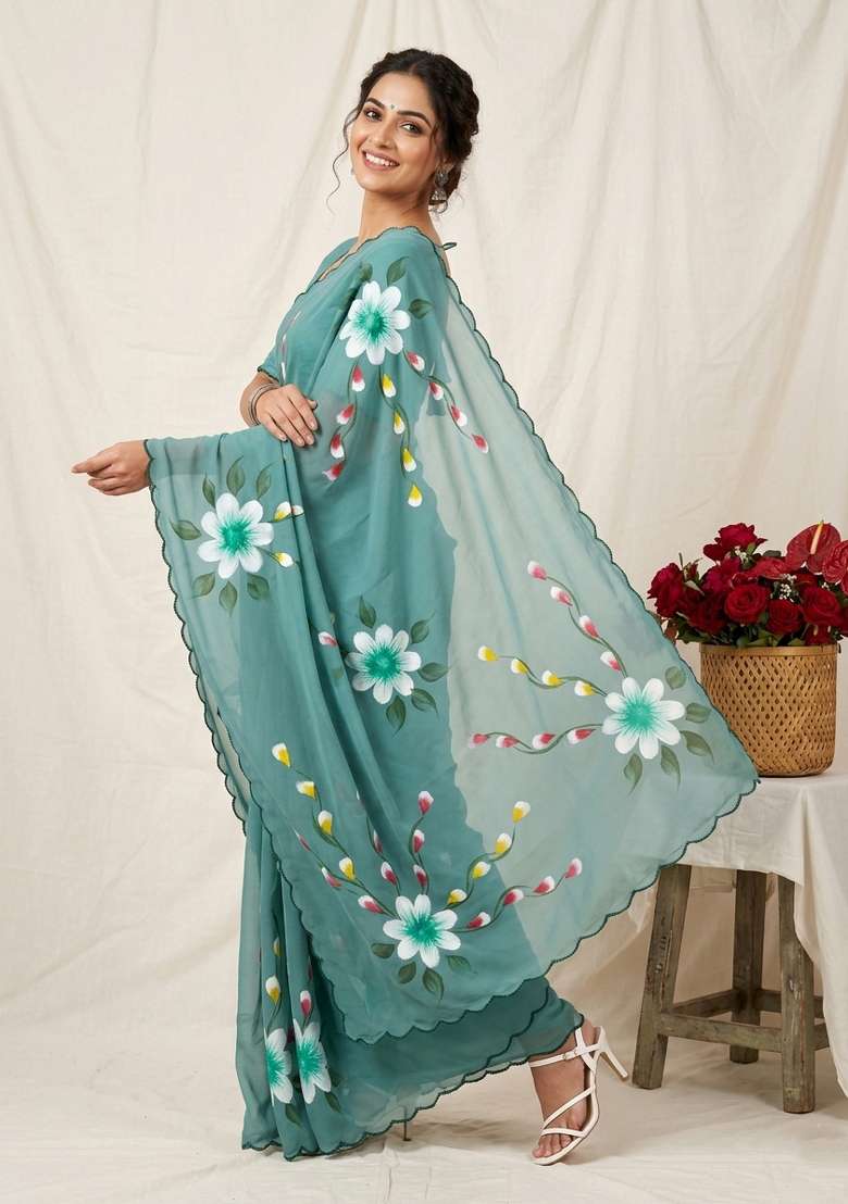 Grey Brush Paint Georgette Saree Set - Indya