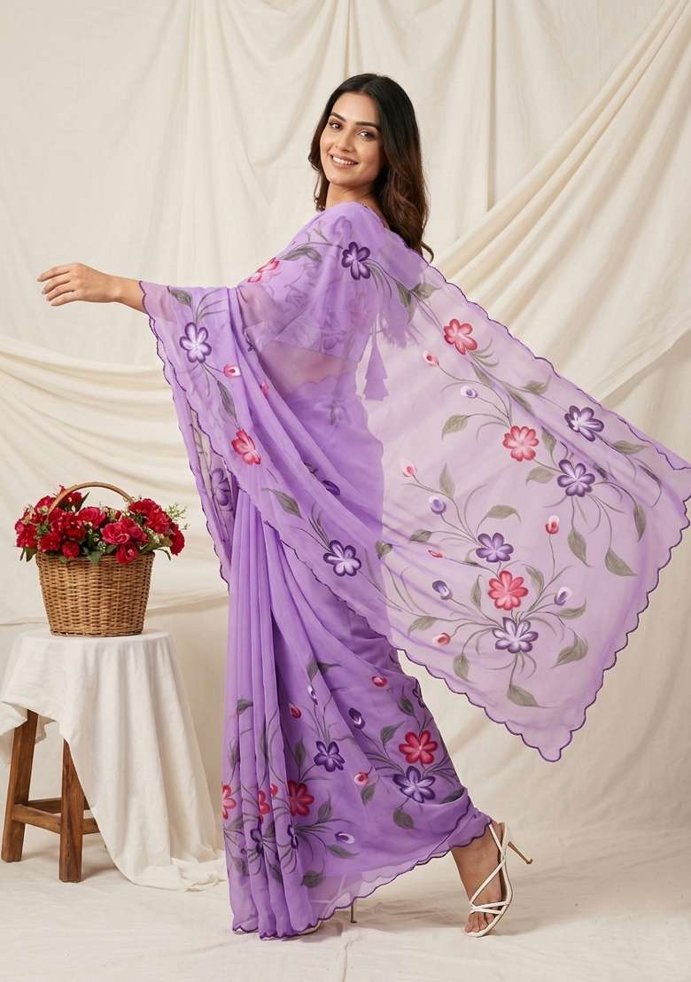 Lavender Brush Paint Georgette Saree Set - Indya