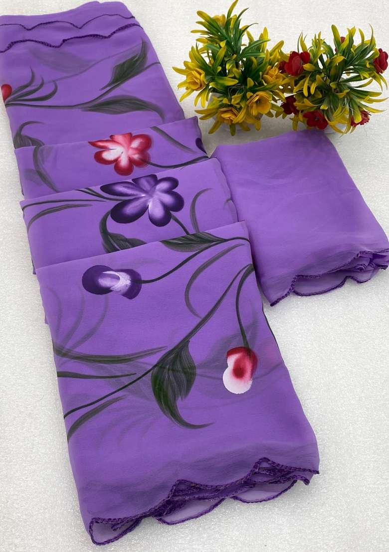 Lavender Brush Paint Georgette Saree Set - Indya