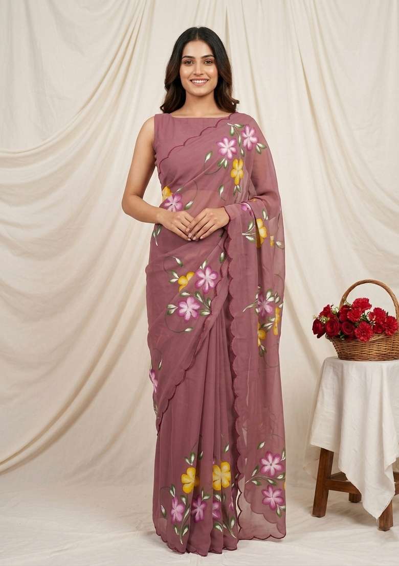 Onion Brush Paint Georgette Saree Set - Indya