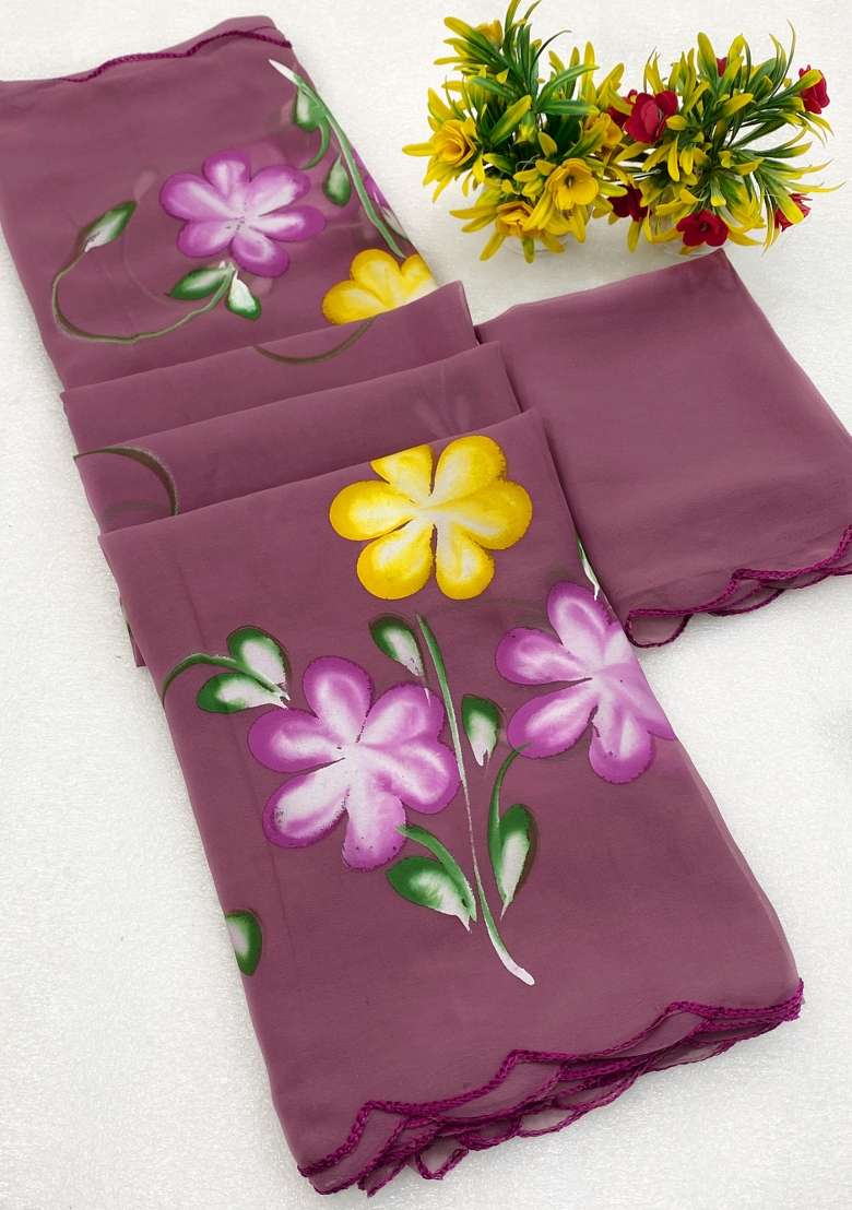 Onion Brush Paint Georgette Saree Set - Indya