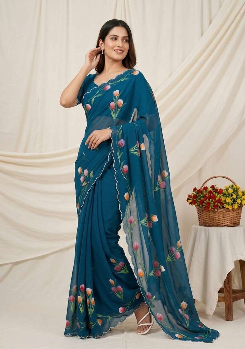 Petrol Brush Paint Georgette Saree Set - Indya