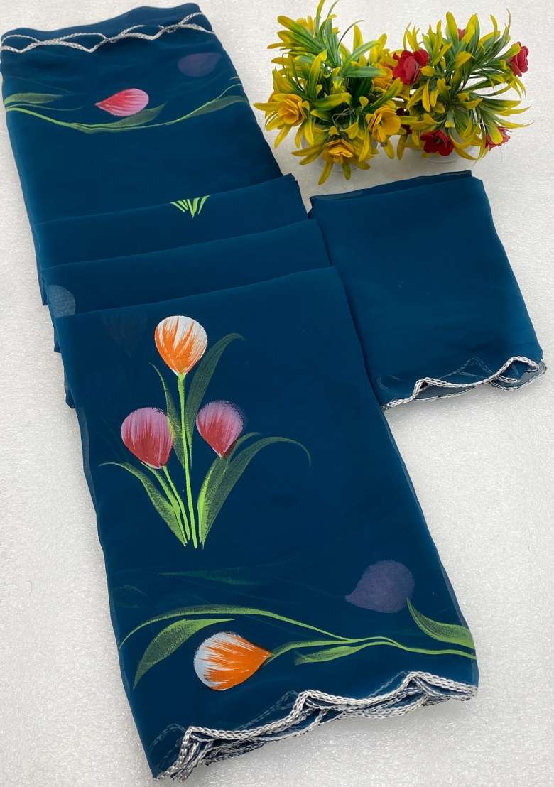 Petrol Brush Paint Georgette Saree Set - Indya