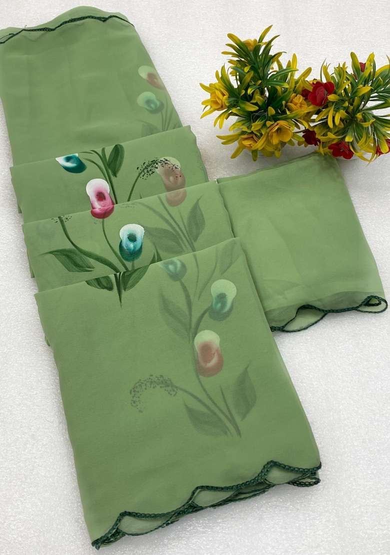 Pista Brush Paint Georgette Saree Set - Indya
