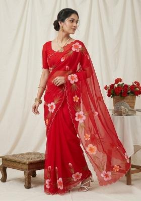 Red Brush Paint Georgette Saree Set