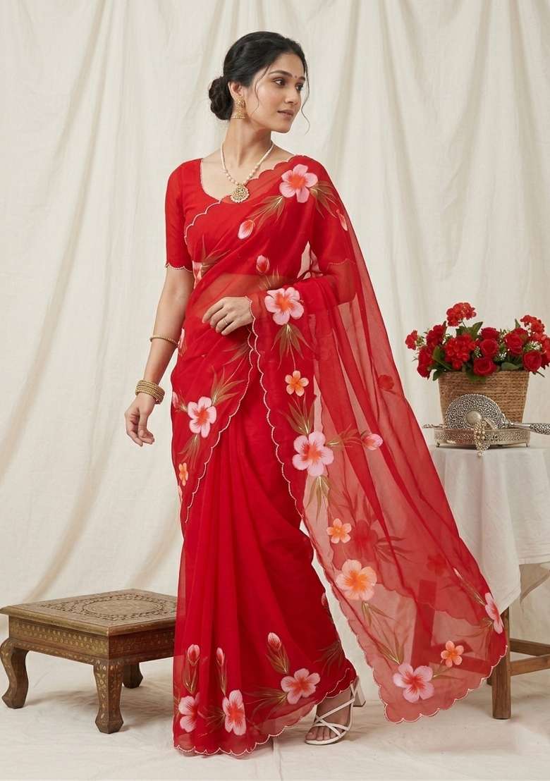 Red Brush Paint Georgette Saree Set for Diwali | Wedding & Festive Wear - Indya
