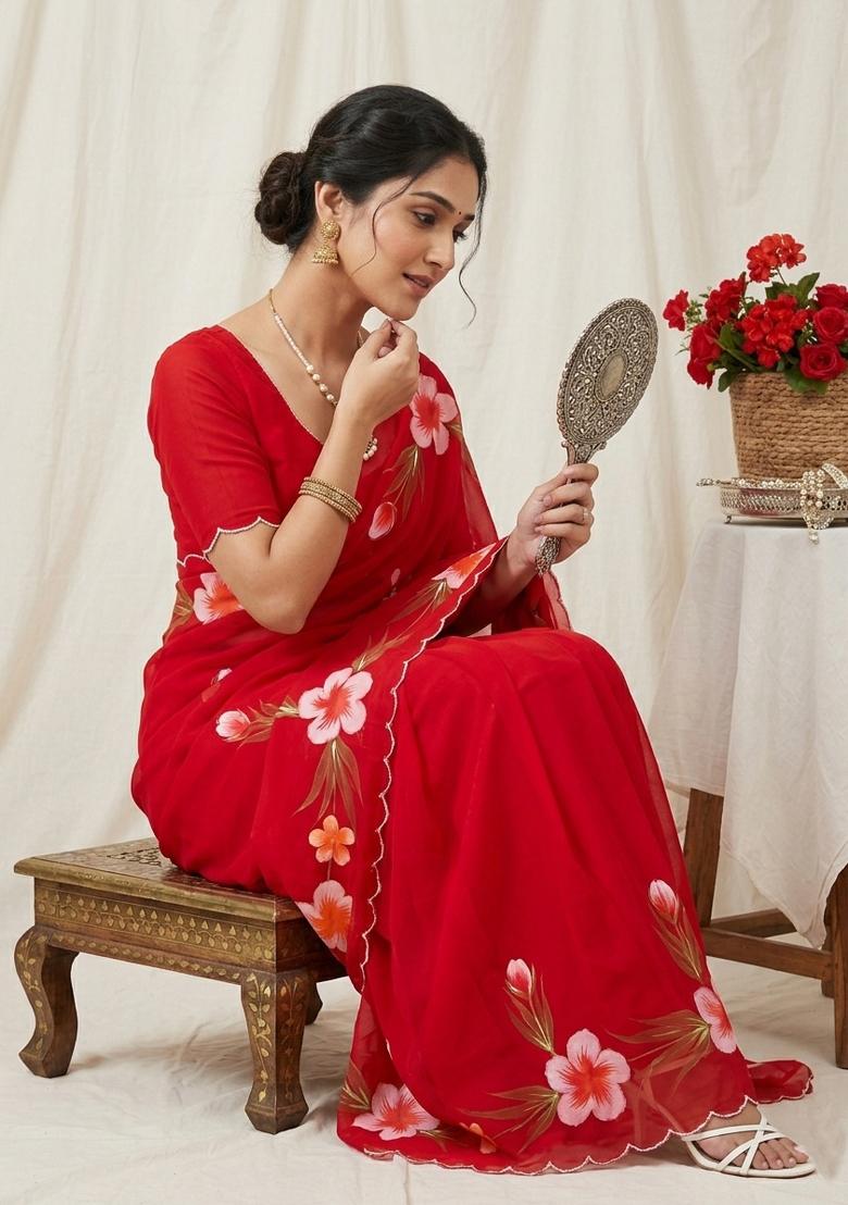 Red Brush Paint Georgette Saree Set - Indya