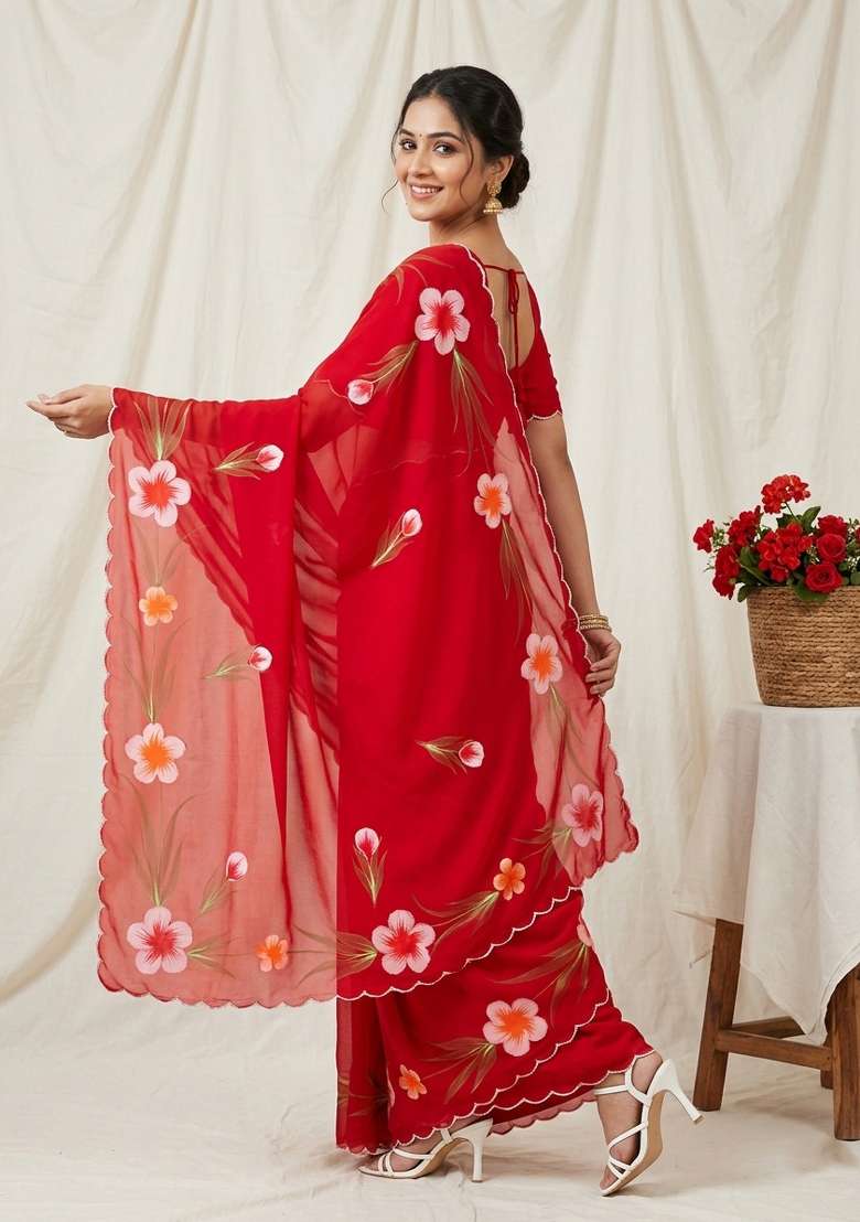 Red Brush Paint Georgette Saree Set for Diwali | Wedding & Festive Wear - Indya