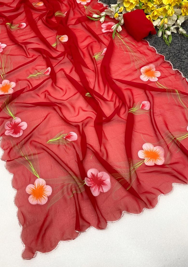 Red Brush Paint Georgette Saree Set - Indya