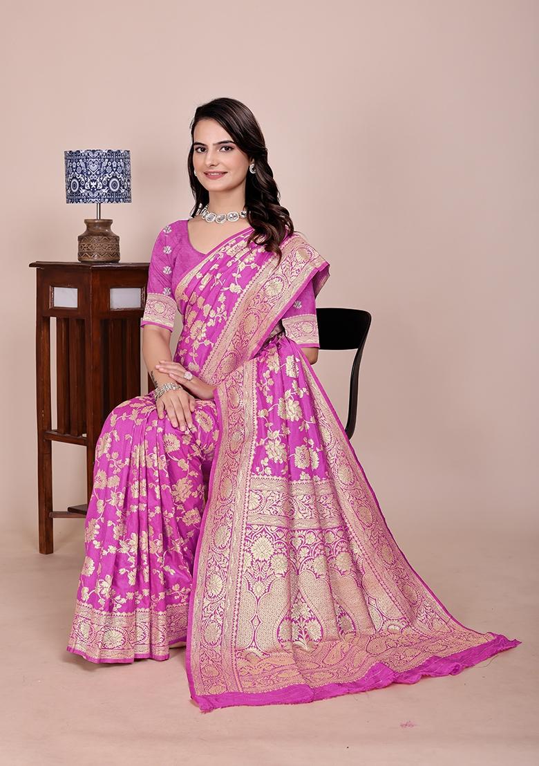 Magenta Tapela Dying Silk Saree Set - Indya