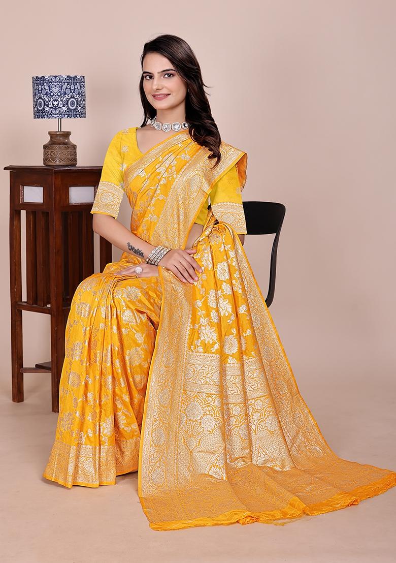 Yellow Tapela Dying Silk Saree Set - Indya