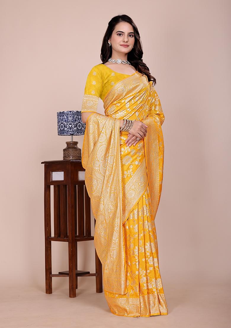 Yellow Tapela Dying Silk Saree Set - Indya