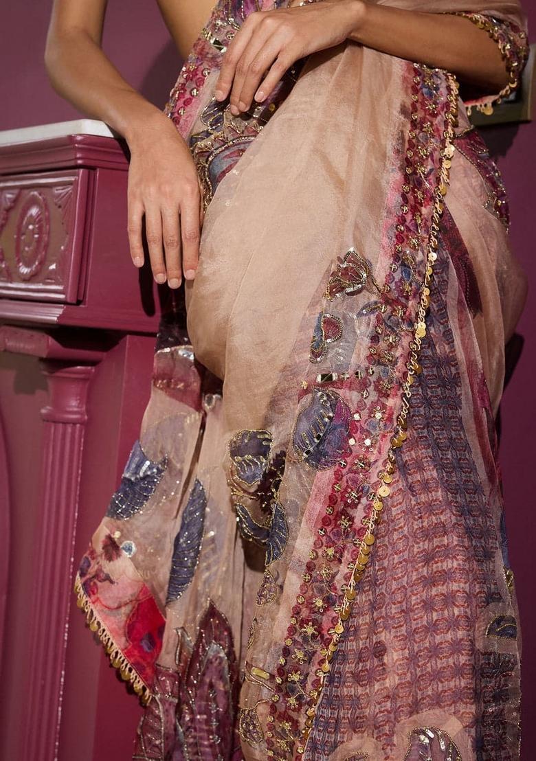 Beige Printed Georgette Saree Set - Indya