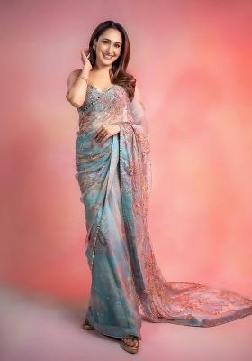 Blue Printed Silk Saree Set