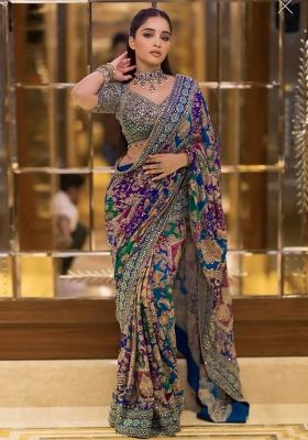 Blue Printed Silk Saree Set