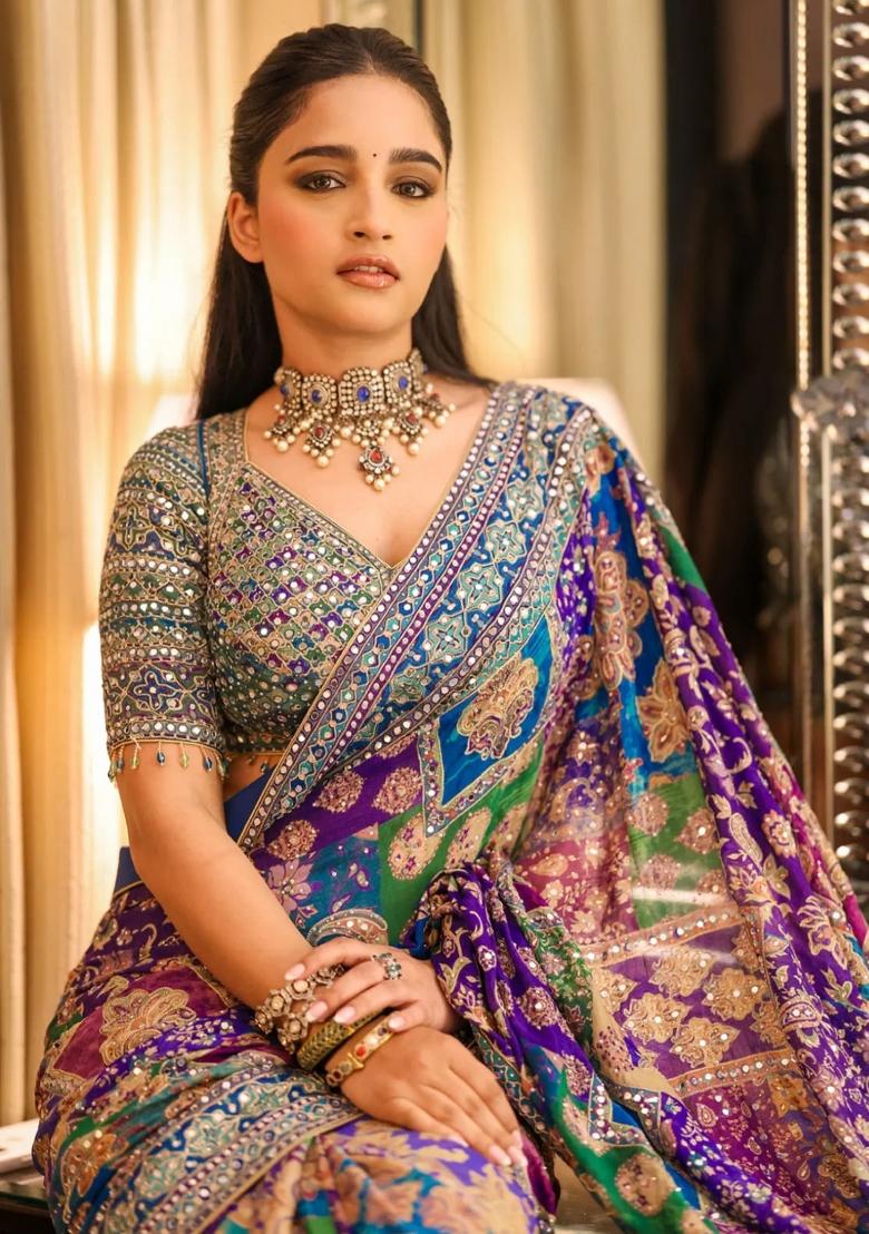 Blue Printed Silk Saree Set - Indya