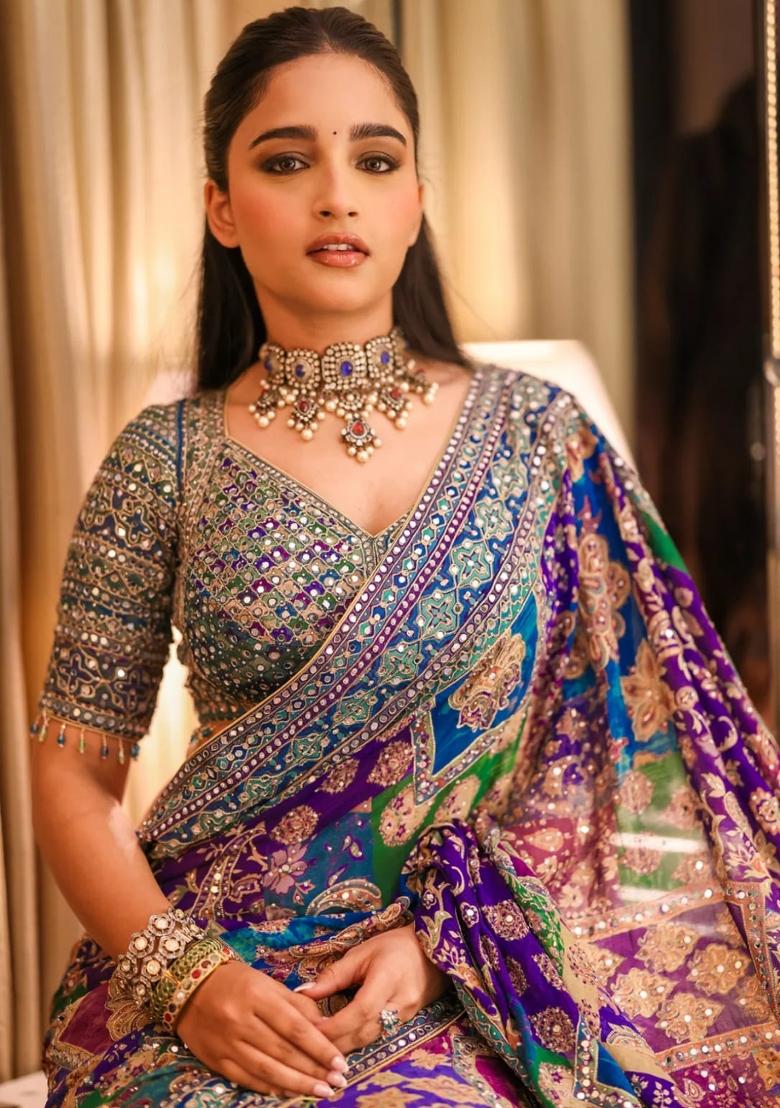 Blue Printed Silk Saree Set - Indya