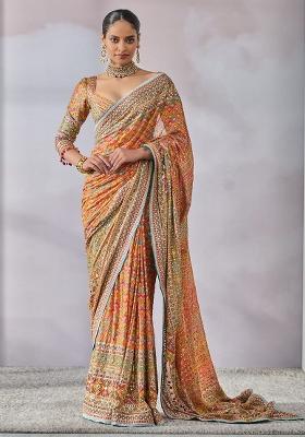 Orange Printed Silk Saree Set