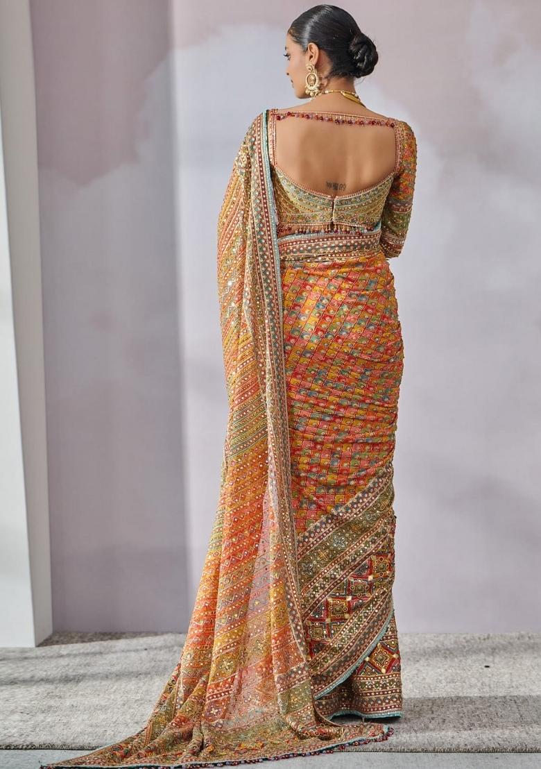 Orange Printed Silk Saree Set - Indya